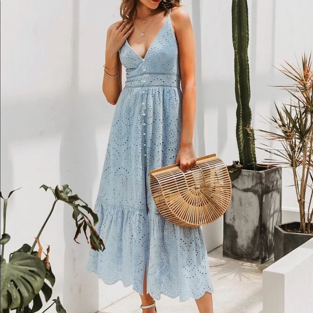Eyelet lace maxi cami dress button up baby blue